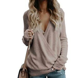 Wrap Sweater V Neck Long Sleeve Knit‎ Pullover Top Backless Sexy Beige